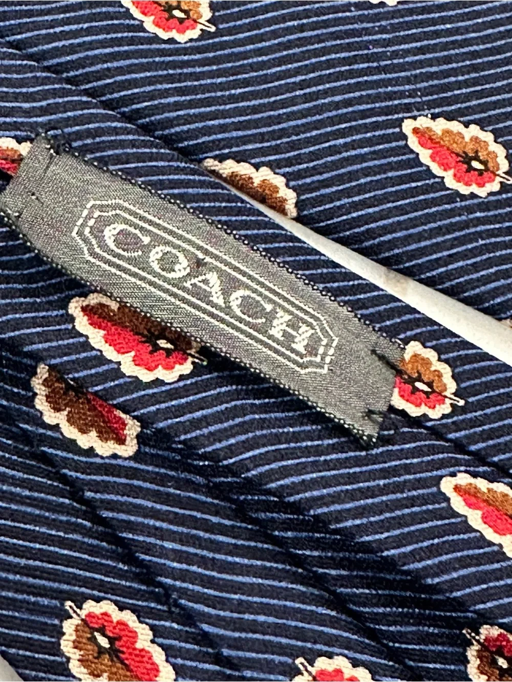 Vintage Coach Silk Neck Tie Navy Blue Red Tan Leaf Geometric Pattern Designer